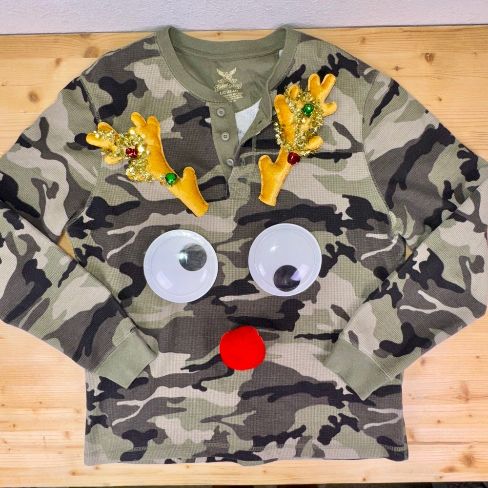 Faded Glory Camo Ugly Christmas Sweater Reindeer DIY Henley Size‎ L